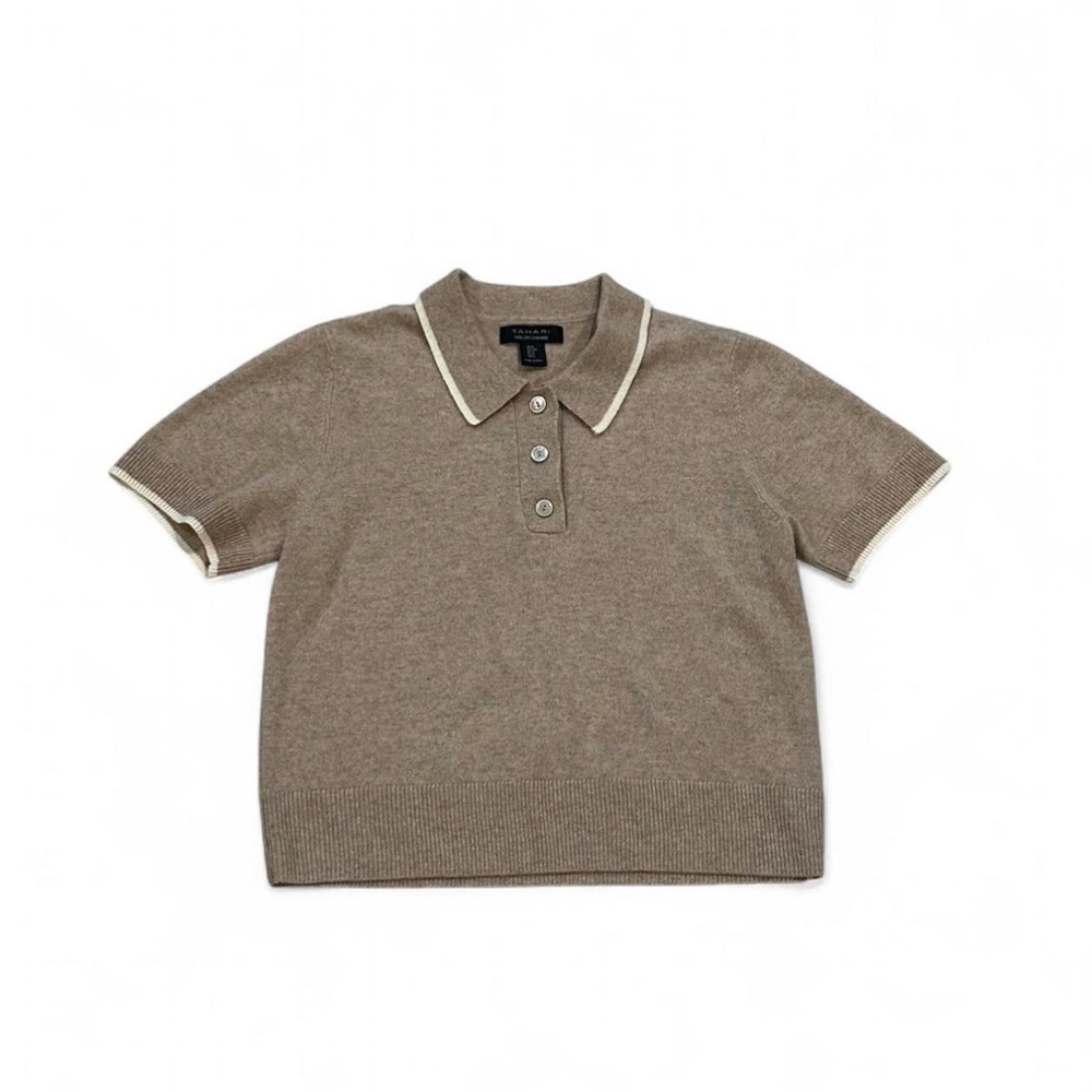 Tahari Cashmere Women's Quarter Button Down Polo in Brown and Cream M